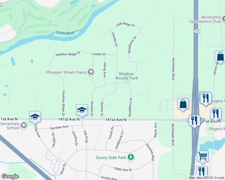 map of restaurants, bars, coffee shops, grocery stores, and more near 14240 Starlite Drive in Rogers