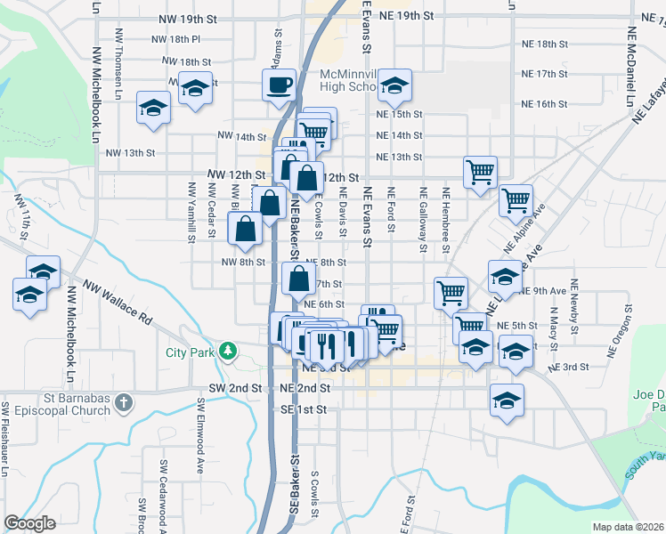 map of restaurants, bars, coffee shops, grocery stores, and more near 326 Northeast 8th Street in McMinnville