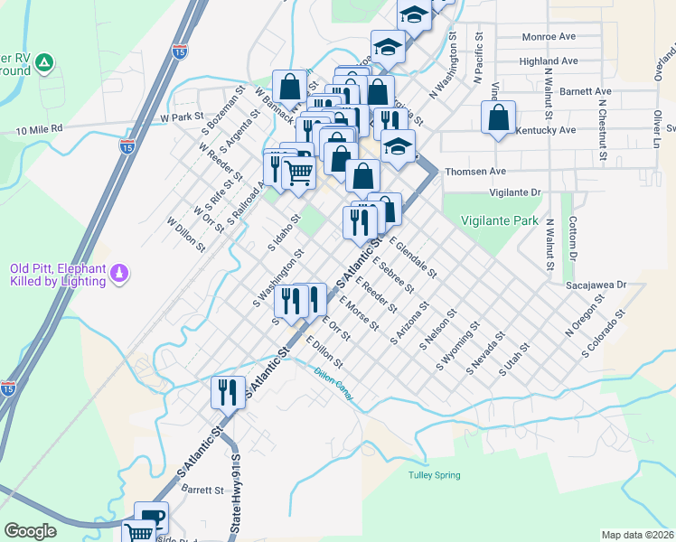 map of restaurants, bars, coffee shops, grocery stores, and more near 324 South Atlantic Street in Dillon