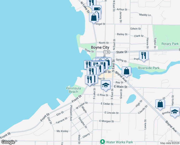 map of restaurants, bars, coffee shops, grocery stores, and more near 116 South Lake Street in Boyne City