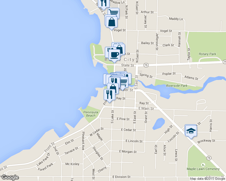 map of restaurants, bars, coffee shops, grocery stores, and more near 116 S Lake St in Boyne City