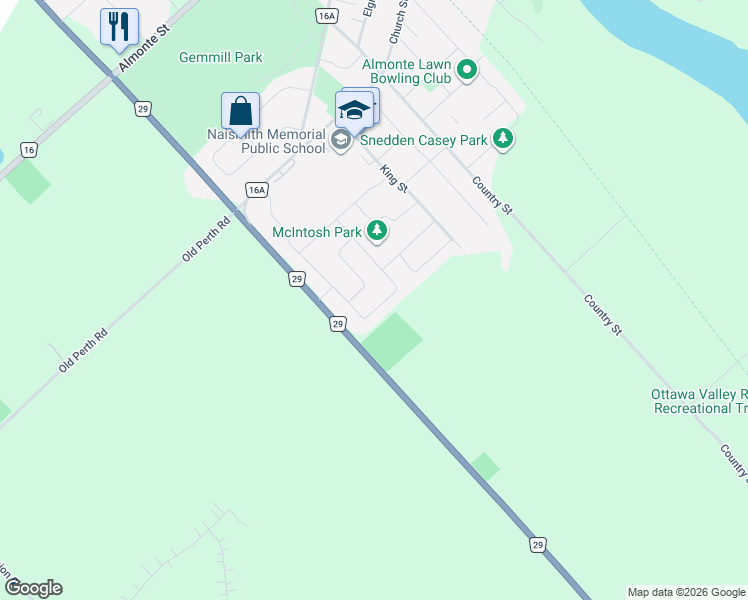 map of restaurants, bars, coffee shops, grocery stores, and more near 365 Jamieson Street in Mississippi Mills