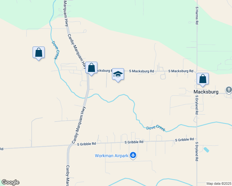 map of restaurants, bars, coffee shops, grocery stores, and more near 9620 South Macksburg Road in Canby