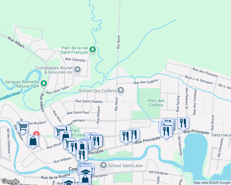 map of restaurants, bars, coffee shops, grocery stores, and more near 187 Rue du Nord in Cowansville