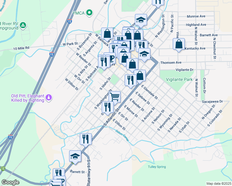 map of restaurants, bars, coffee shops, grocery stores, and more near 302 South Washington Street in Dillon