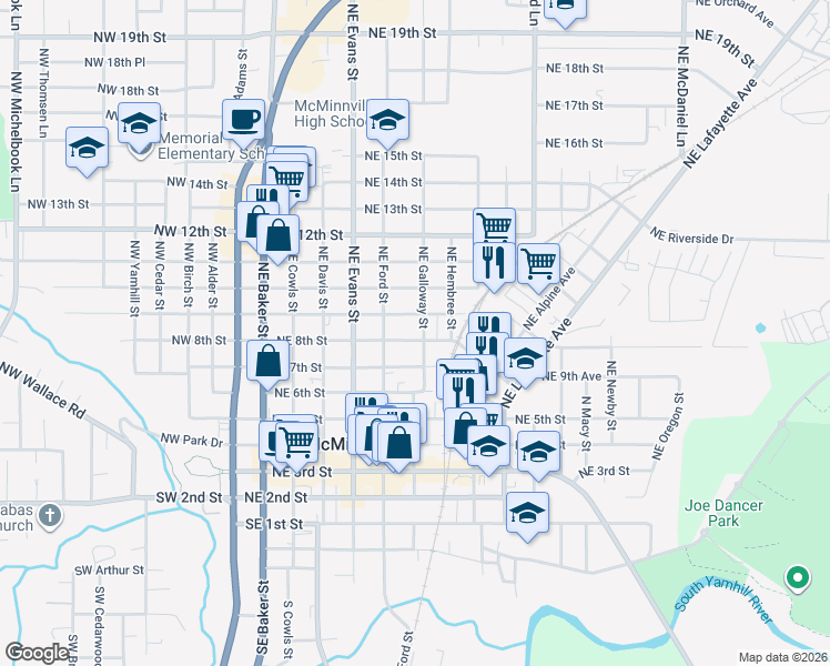 map of restaurants, bars, coffee shops, grocery stores, and more near 659 Northeast 9th Street in McMinnville