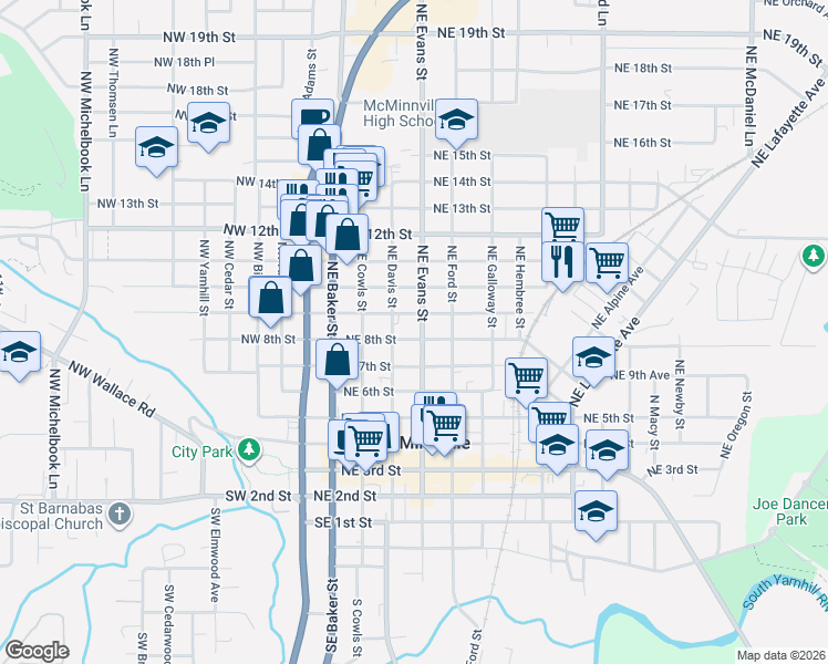 map of restaurants, bars, coffee shops, grocery stores, and more near 429 Northeast 9th Street in McMinnville
