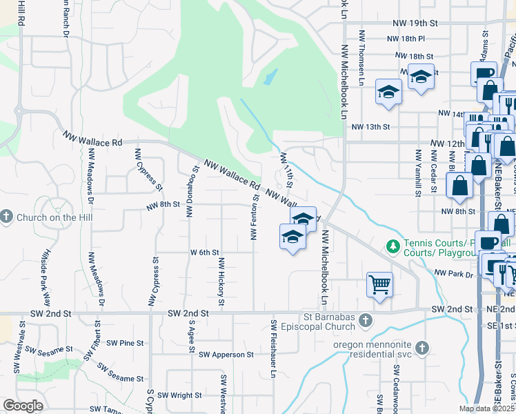 map of restaurants, bars, coffee shops, grocery stores, and more near 1404 Northwest Wallace Road in McMinnville