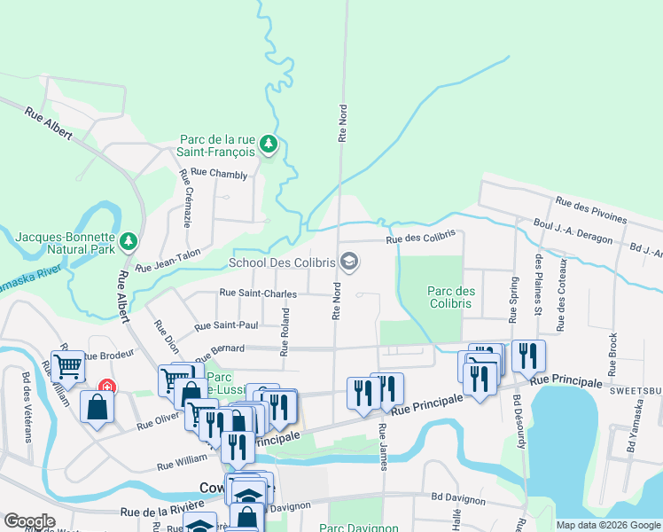 map of restaurants, bars, coffee shops, grocery stores, and more near 187 Rue du Nord in Cowansville