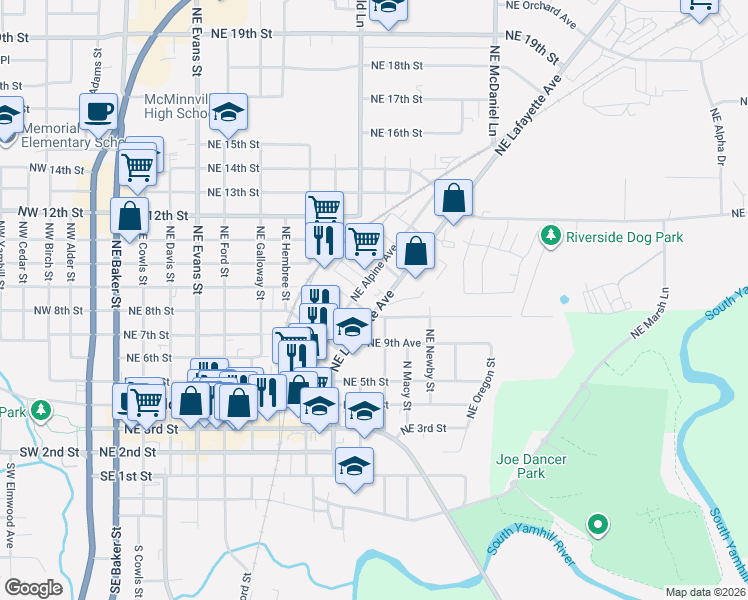 map of restaurants, bars, coffee shops, grocery stores, and more near 1035 Northeast Alpine Avenue in McMinnville