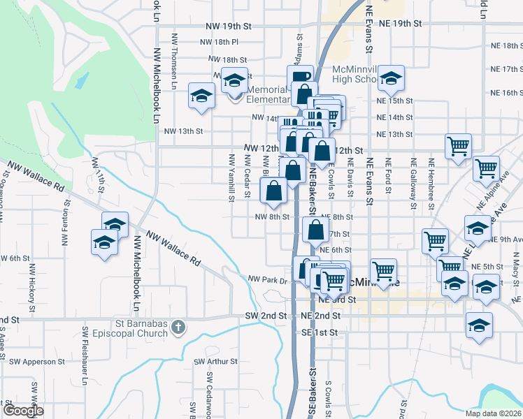 map of restaurants, bars, coffee shops, grocery stores, and more near 905 Northwest Birch Street in McMinnville