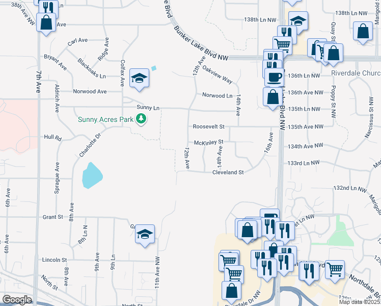 map of restaurants, bars, coffee shops, grocery stores, and more near 1219 McKinley Street in Anoka