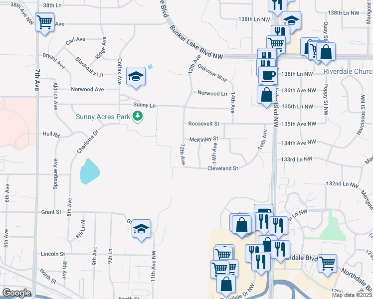 map of restaurants, bars, coffee shops, grocery stores, and more near 1219 McKinley Street in Anoka