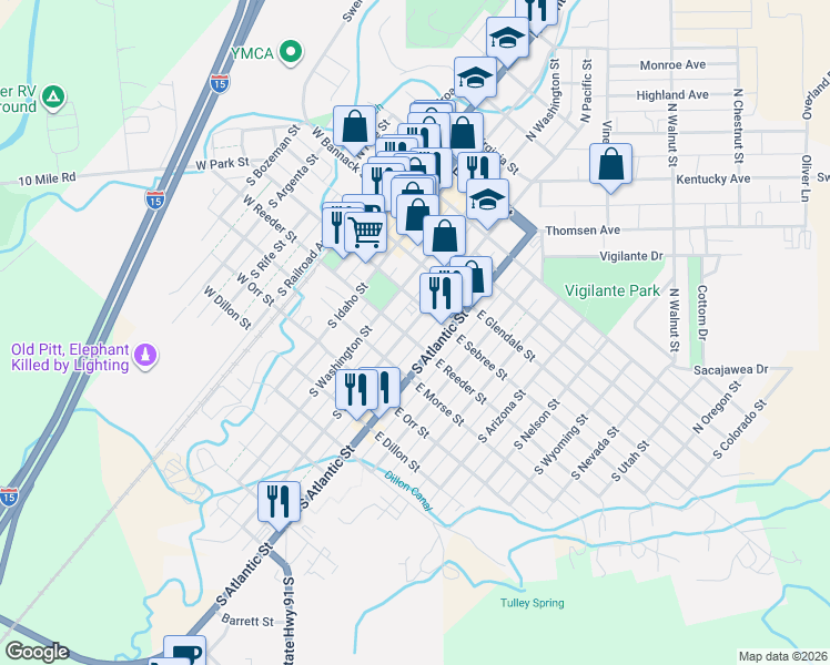 map of restaurants, bars, coffee shops, grocery stores, and more near 201-299 South Pacific Street in Dillon
