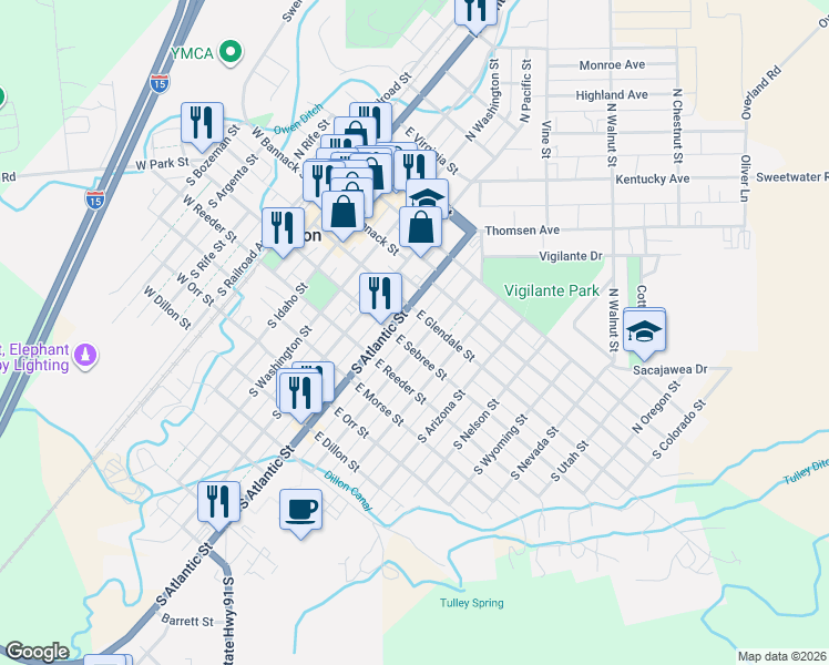 map of restaurants, bars, coffee shops, grocery stores, and more near 101-199 Interstate 15 Business in Dillon