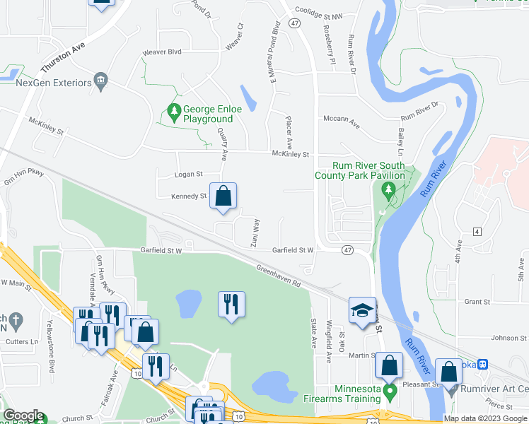 map of restaurants, bars, coffee shops, grocery stores, and more near 3241 Saint Francis Boulevard Northwest in Anoka