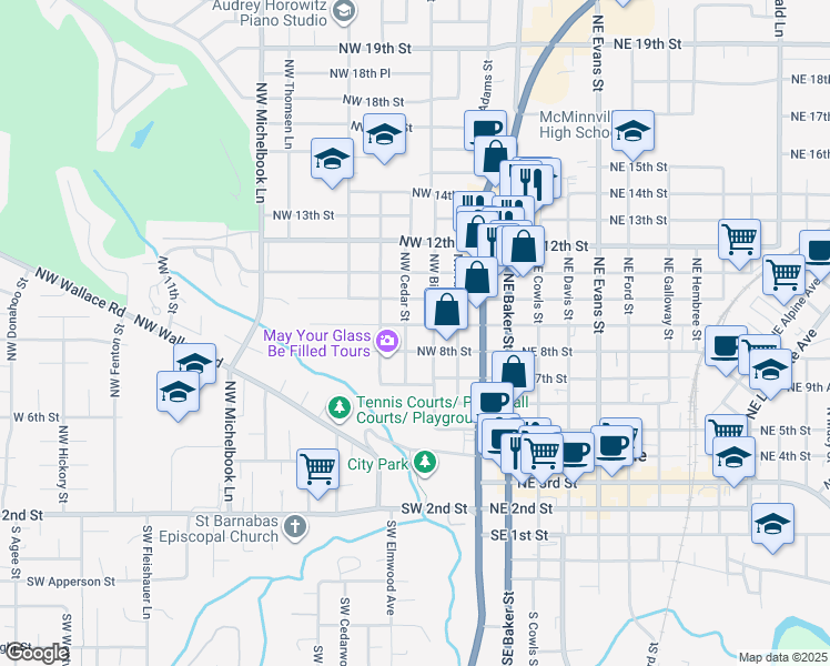 map of restaurants, bars, coffee shops, grocery stores, and more near 905 Northwest Birch Street in McMinnville