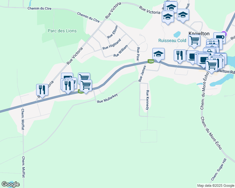 map of restaurants, bars, coffee shops, grocery stores, and more near Rue Mullarkey in Knowlton