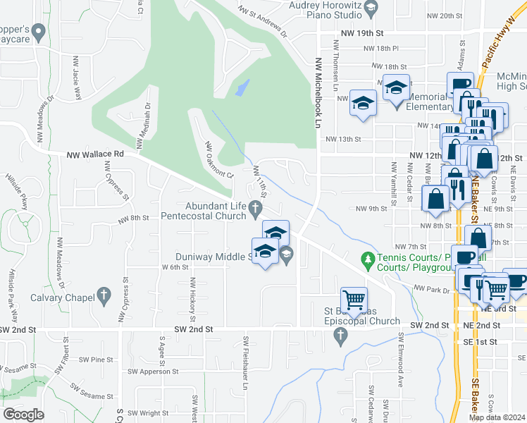 map of restaurants, bars, coffee shops, grocery stores, and more near 1150 Northwest Sunnywood Court in McMinnville