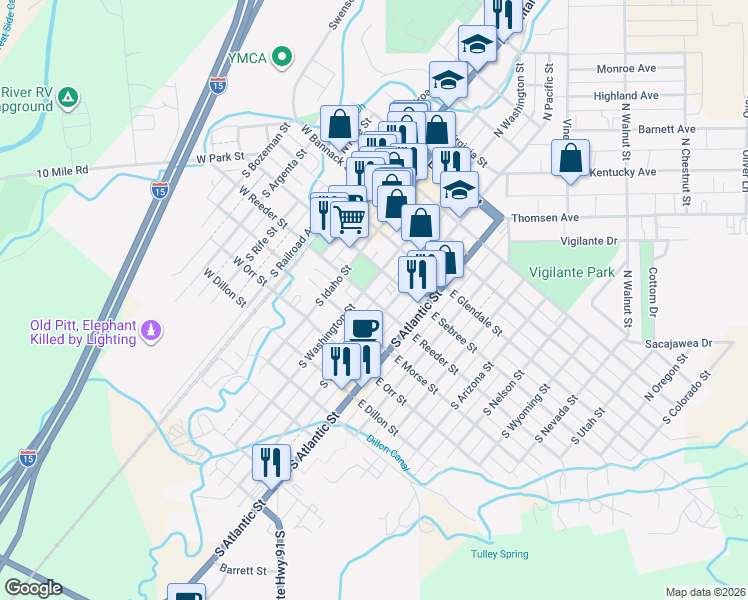 map of restaurants, bars, coffee shops, grocery stores, and more near 225 East Reeder Street in Dillon