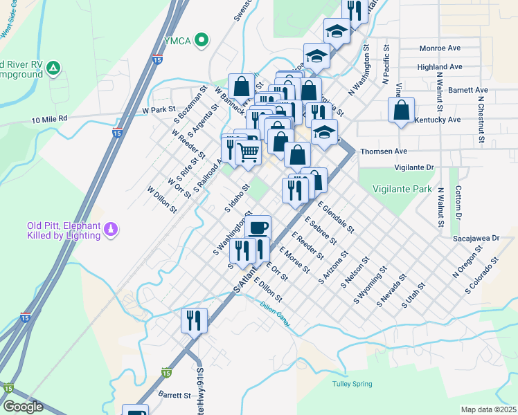 map of restaurants, bars, coffee shops, grocery stores, and more near 302 South Washington Street in Dillon