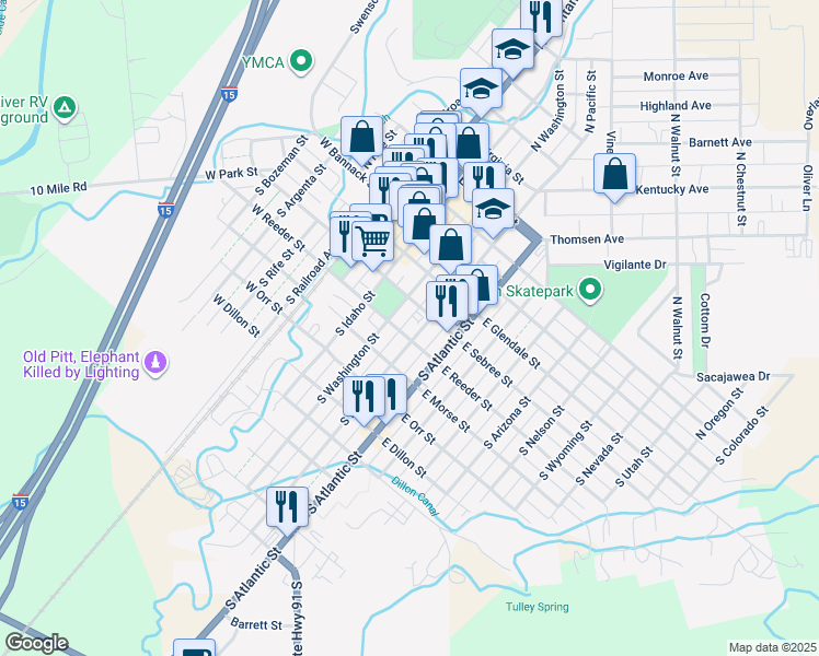 map of restaurants, bars, coffee shops, grocery stores, and more near 201-299 South Pacific Street in Dillon