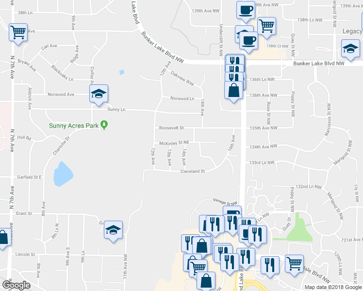 map of restaurants, bars, coffee shops, grocery stores, and more near 3275 14th Avenue in Anoka
