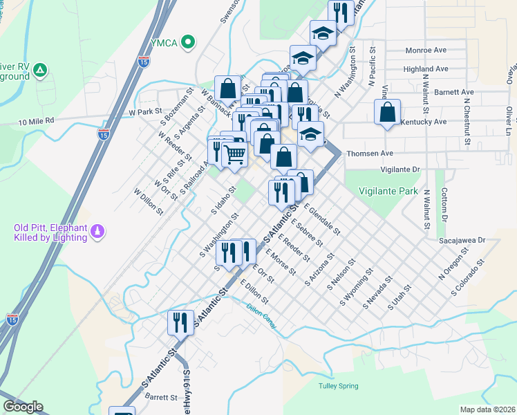 map of restaurants, bars, coffee shops, grocery stores, and more near 225 East Reeder Street in Dillon