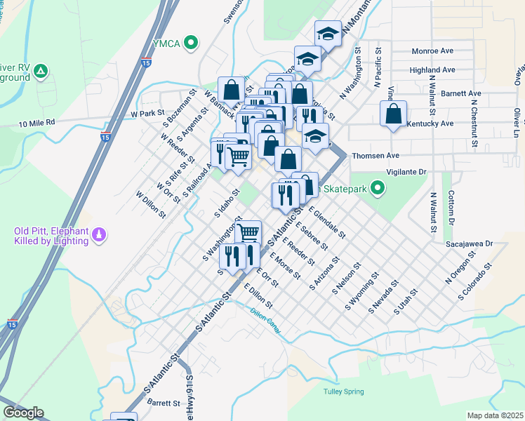 map of restaurants, bars, coffee shops, grocery stores, and more near 201-299 South Pacific Street in Dillon