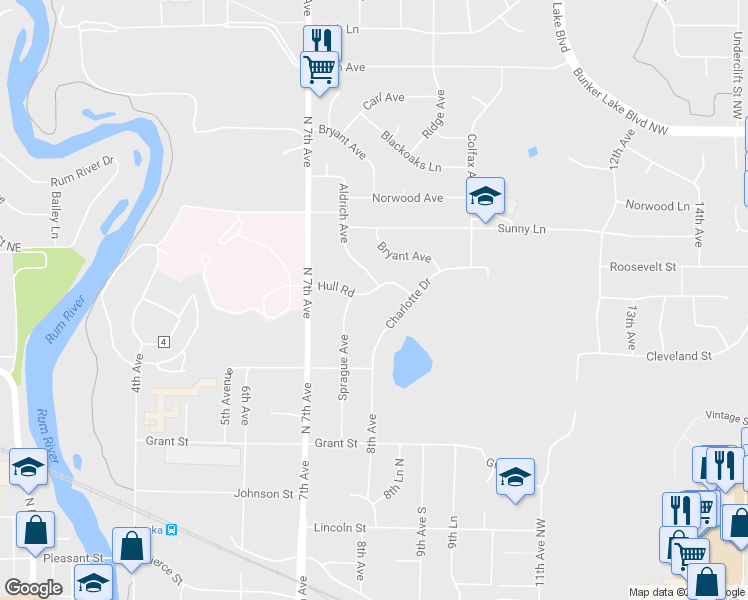 map of restaurants, bars, coffee shops, grocery stores, and more near 764 Hull Road in Anoka