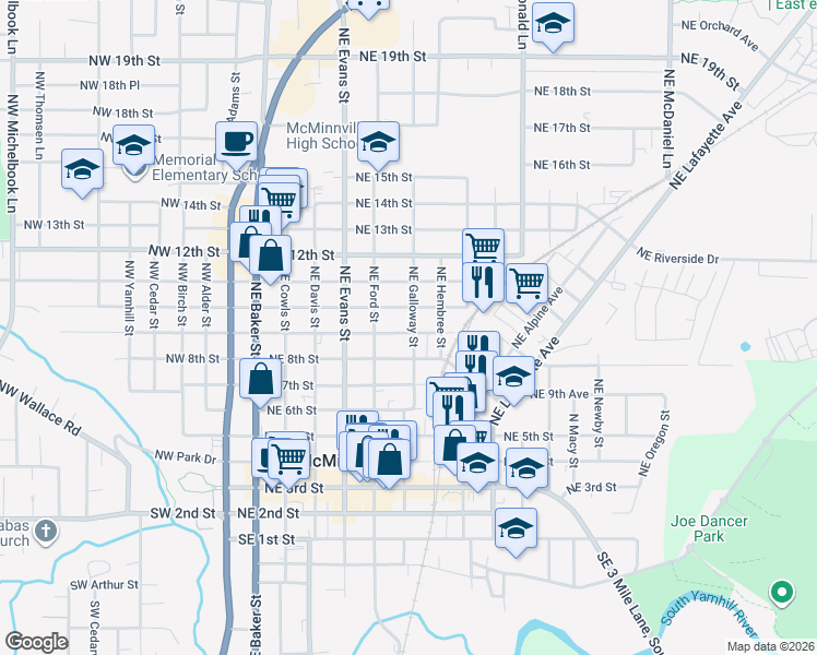 map of restaurants, bars, coffee shops, grocery stores, and more near 659 Northeast 9th Street in McMinnville