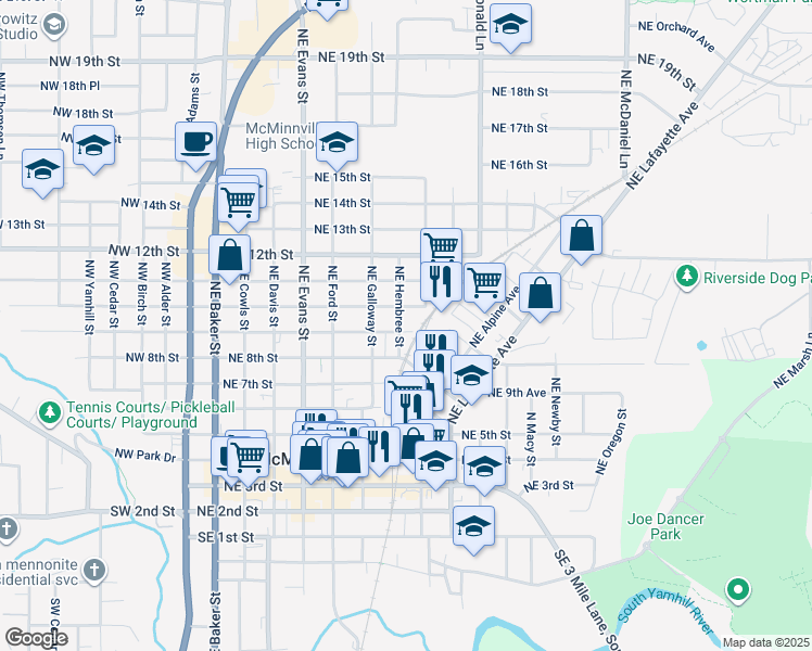 map of restaurants, bars, coffee shops, grocery stores, and more near 906 Northeast Hembree Street in McMinnville