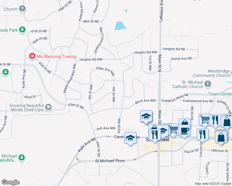 map of restaurants, bars, coffee shops, grocery stores, and more near 300 4th Street Northwest in Saint Michael