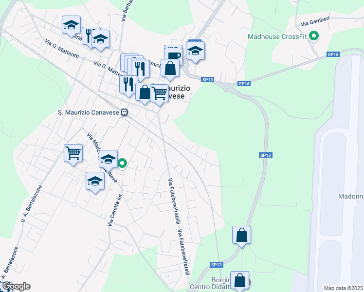map of restaurants, bars, coffee shops, grocery stores, and more near 10 Via Alcide de Gasperi in San Maurizio Canavese