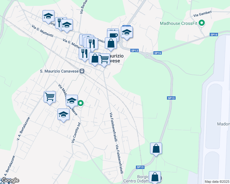 map of restaurants, bars, coffee shops, grocery stores, and more near 10 Via Alcide de Gasperi in San Maurizio Canavese