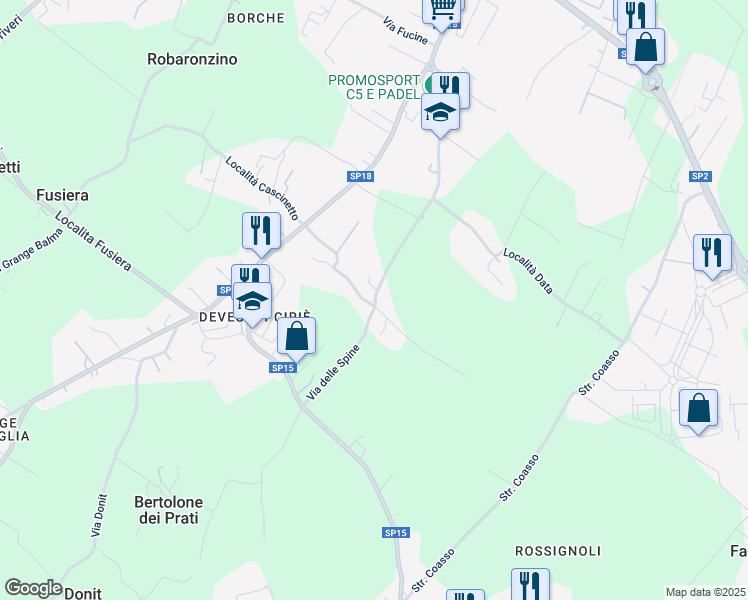 map of restaurants, bars, coffee shops, grocery stores, and more near 42 Via delle Spine in Ciriè