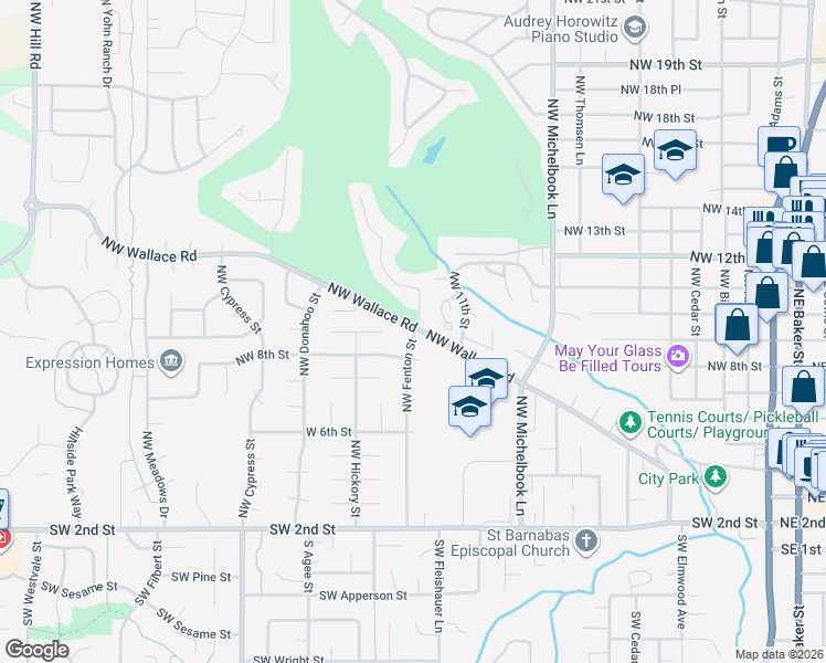 map of restaurants, bars, coffee shops, grocery stores, and more near 1404 Northwest Wallace Road in McMinnville
