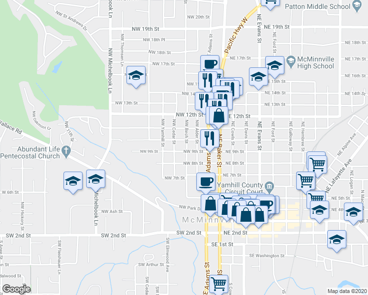 map of restaurants, bars, coffee shops, grocery stores, and more near 905 Northwest Birch Street in McMinnville