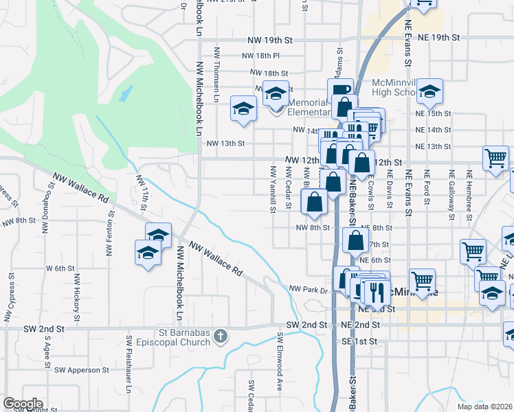 map of restaurants, bars, coffee shops, grocery stores, and more near 525 Northwest 9th Street in McMinnville