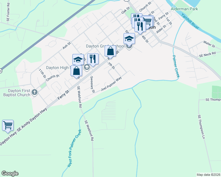 map of restaurants, bars, coffee shops, grocery stores, and more near 736 Joel Palmer Way in Dayton