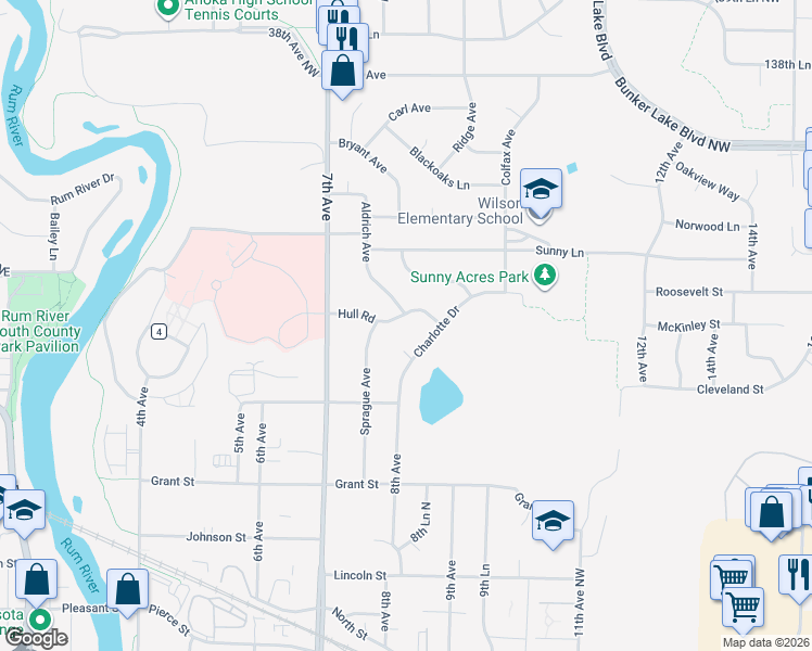 map of restaurants, bars, coffee shops, grocery stores, and more near 764 Hull Road in Anoka