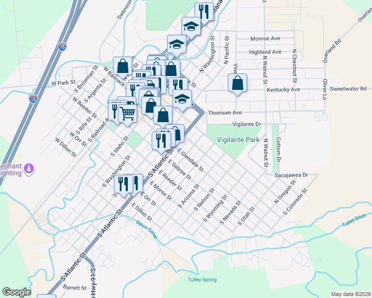 map of restaurants, bars, coffee shops, grocery stores, and more near 19 South Dakota Street in Dillon