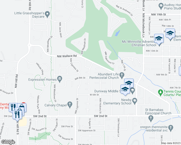 map of restaurants, bars, coffee shops, grocery stores, and more near 910 Northwest Donahoo Street in McMinnville