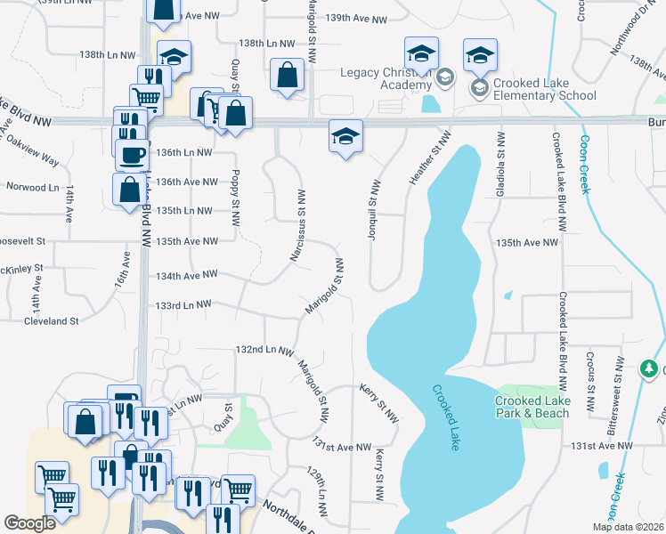 map of restaurants, bars, coffee shops, grocery stores, and more near 13432 Marigold Street Northwest in Andover