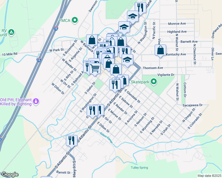 map of restaurants, bars, coffee shops, grocery stores, and more near 201 South Pacific Street in Dillon