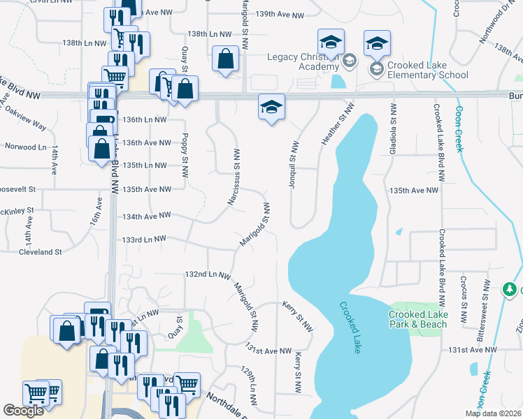map of restaurants, bars, coffee shops, grocery stores, and more near 13432 Marigold Street Northwest in Andover