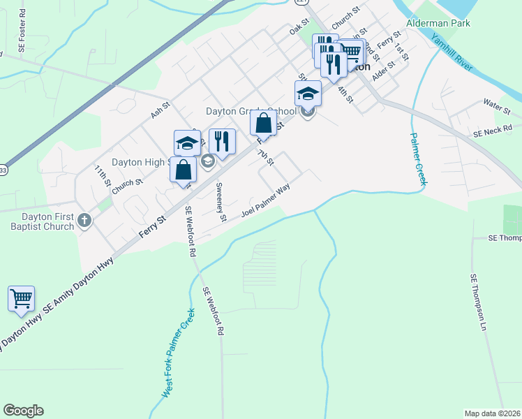 map of restaurants, bars, coffee shops, grocery stores, and more near 736 Joel Palmer Way in Dayton