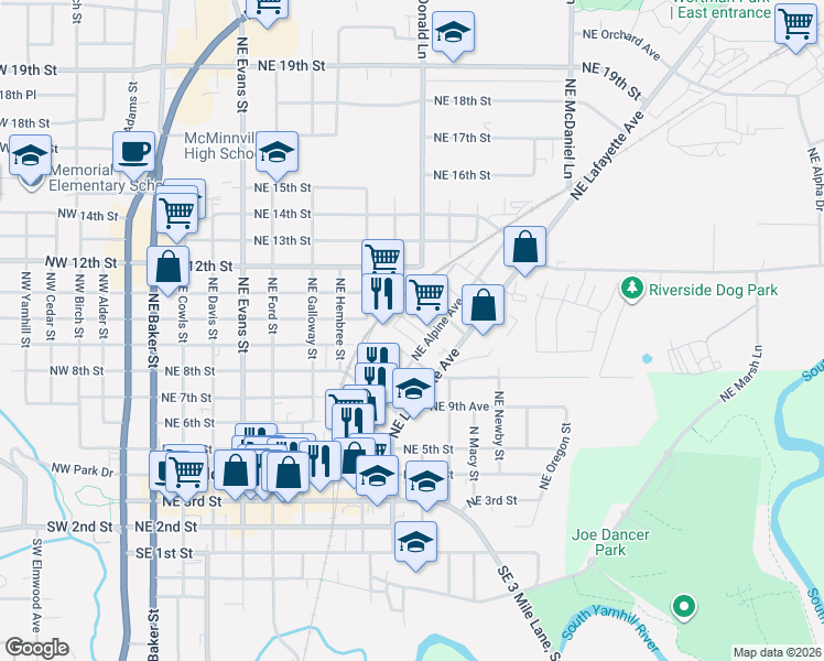 map of restaurants, bars, coffee shops, grocery stores, and more near 1035 Northeast Alpine Avenue in McMinnville