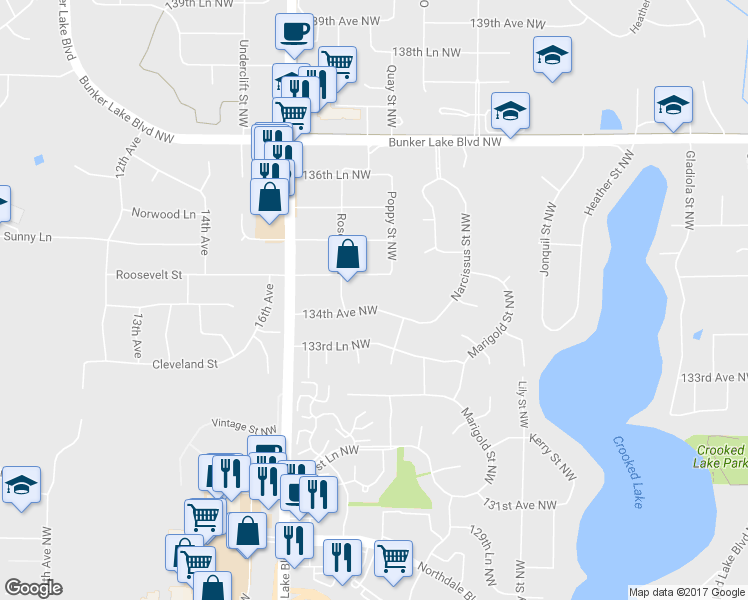 map of restaurants, bars, coffee shops, grocery stores, and more near 3457 134th Avenue Northwest in Andover