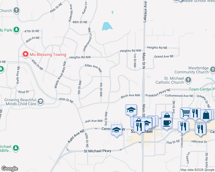 map of restaurants, bars, coffee shops, grocery stores, and more near 300 4th Street Northwest in Saint Michael